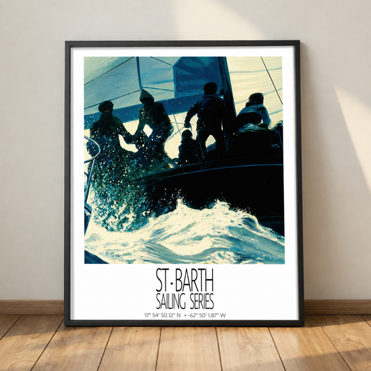 Blue Regatta – black framed deck presentation – framed St Barth sailing wall art