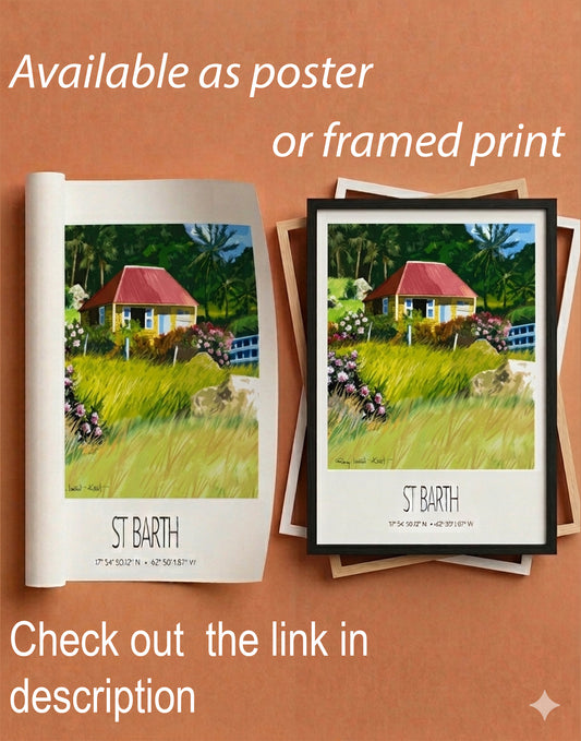 Vintage Travel Poster – St Barth – Case Jaune – Caribbean Art Print