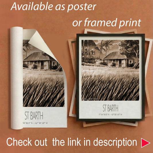 Vintage Travel Poster – St Barth – Cottage Palm Trees – Framed Caribbean Art Print