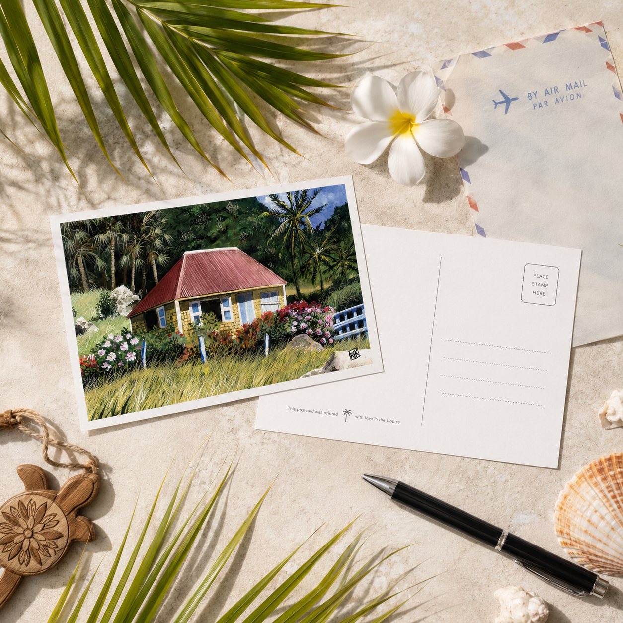 Postal Card - Yellow Cottage – St-Barth - original watercolor print - Caribbean Art Print