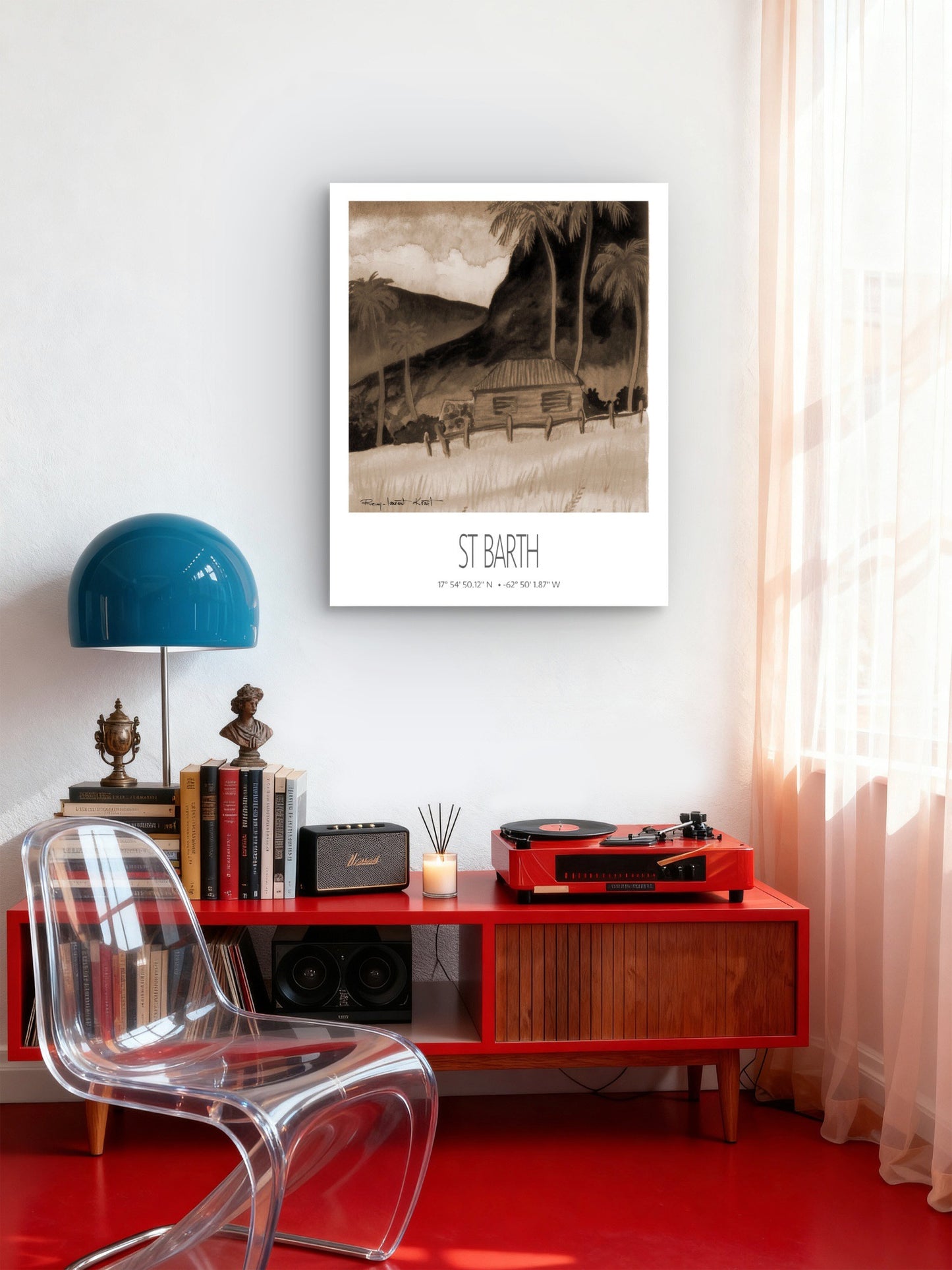 Vintage Travel Poster – St Barth – Tropical Cottage – Framed Caribbean Art Print