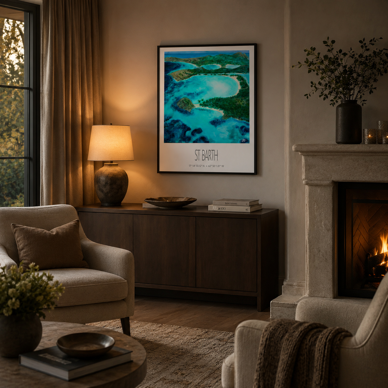 St Barth Watercolor Print – Grand Cul de Sac Lagoon – Framed Caribbean Wall Art