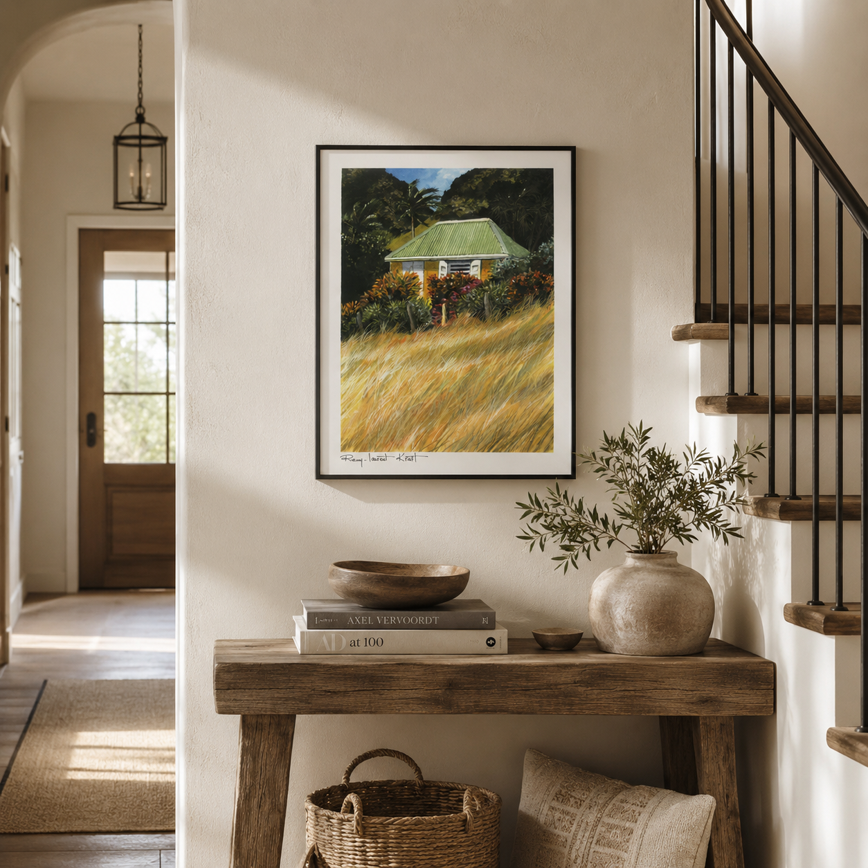 St Barth Watercolor Print – Case Herbes Jaunes – Framed Caribbean Wall Art