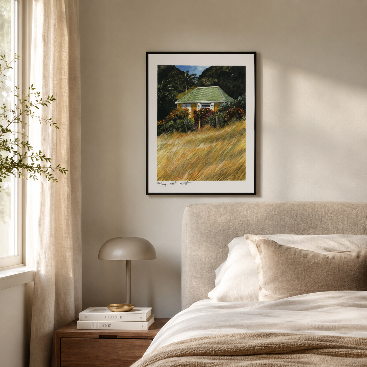 St Barth Watercolor Print – Case Herbes Jaunes – Framed Caribbean Wall Art