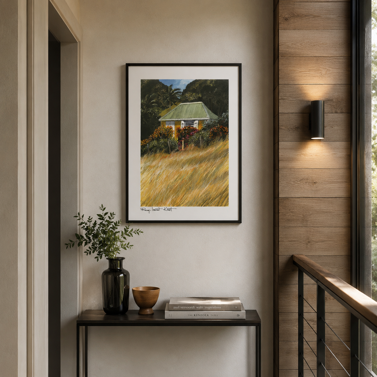 St Barth Watercolor Print – Case Herbes Jaunes – Framed Caribbean Wall Art