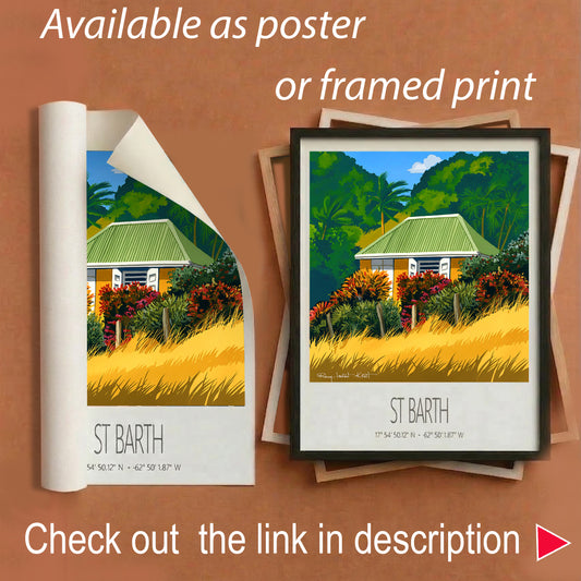 Vintage Travel Poster – St Barth – Yellow Grass – Framed Caribbean Art Print