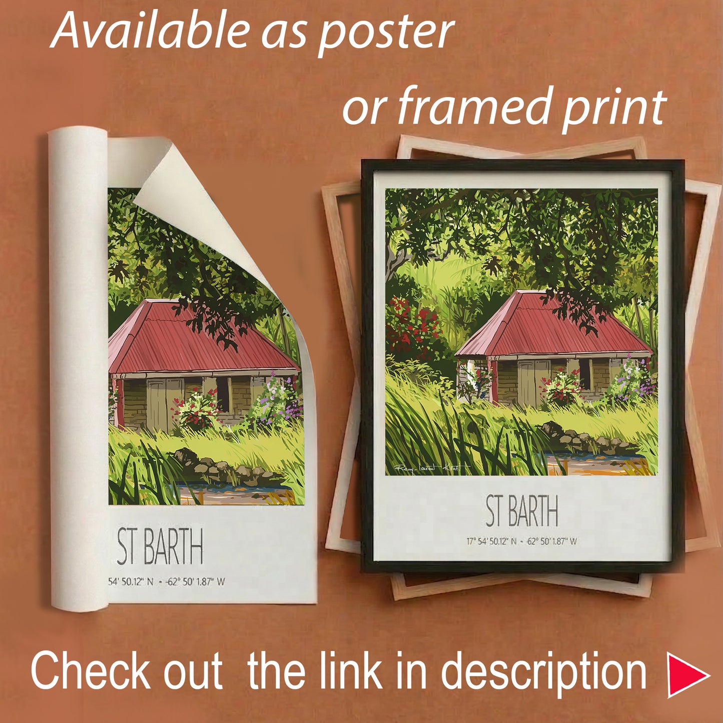 Vintage Travel Poster – St Barth – Old Cottage – Framed Caribbean Art Print