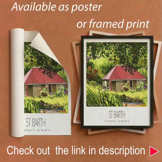 Vintage Travel Poster – St Barth – Old Cottage – Framed Caribbean Art Print