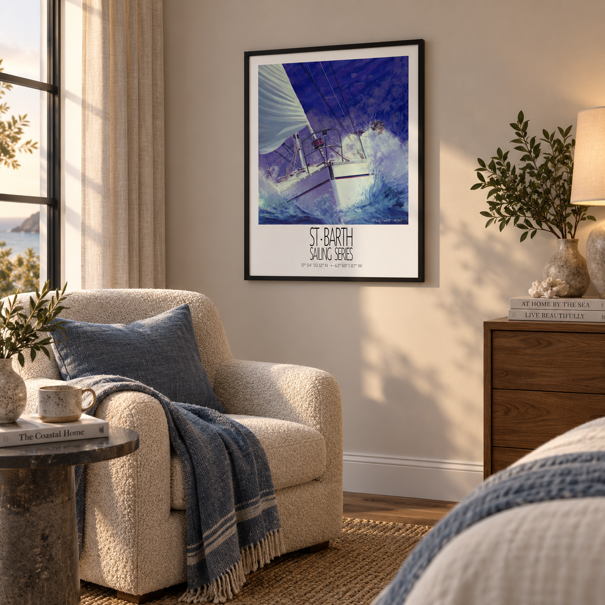 Coco Mauve – interior ambience 4 – unframed St Barth sailing wall art