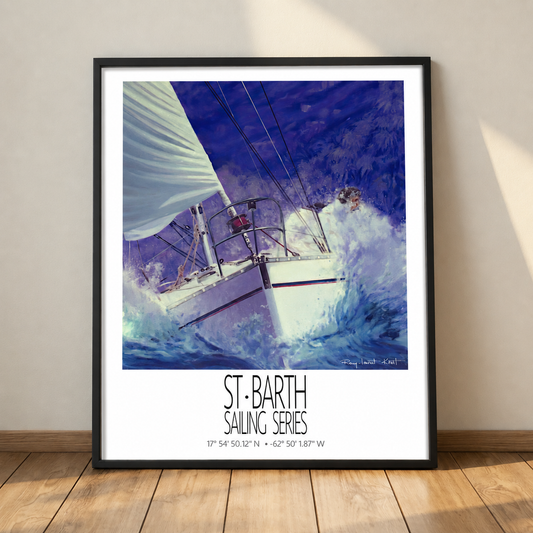Coco Mauve – black framed deck presentation – framed St Barth sailing wall art