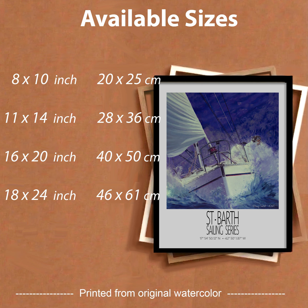 Coco Mauve – framed sizes information – framed St Barth sailing wall art