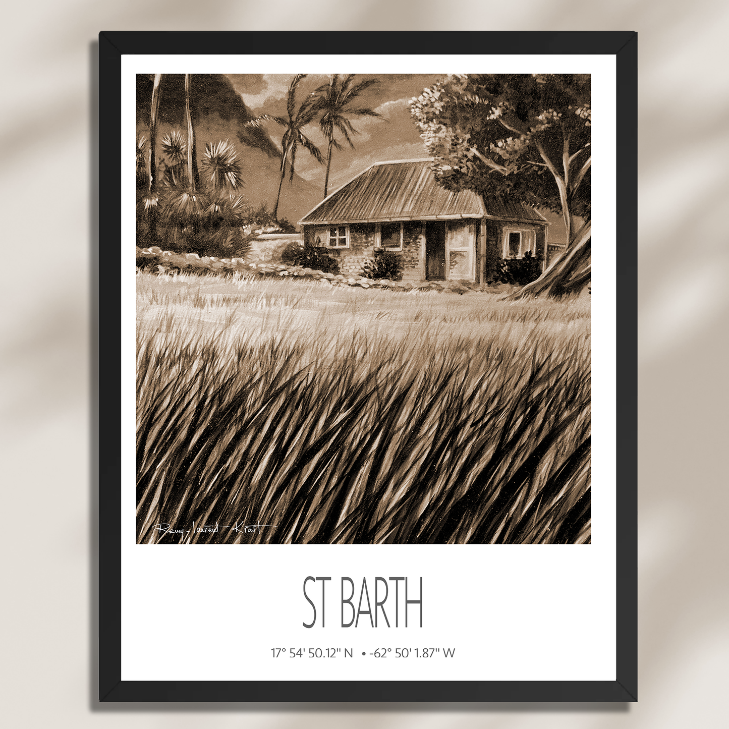 Vintage Travel Poster – St Barth – Cottage Palm Trees – Framed Caribbean Art Print