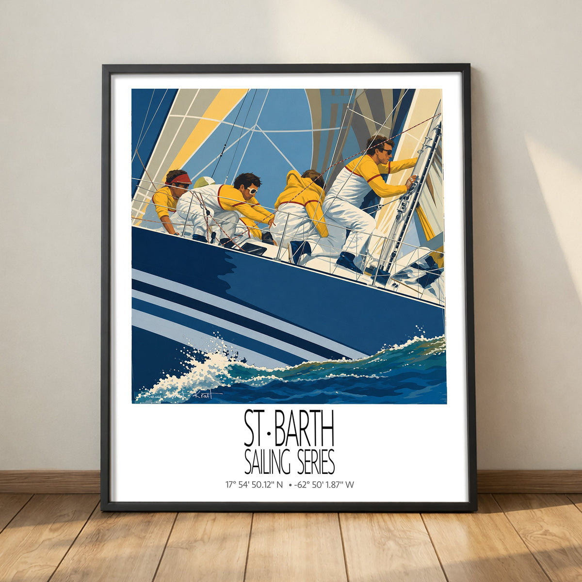 Duel Under Sail framed sailing wall art mockup on a deck