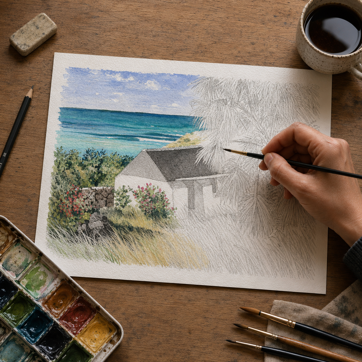 St Barth Watercolor Print – Grand Cul de Sac – Caribbean Wall Art