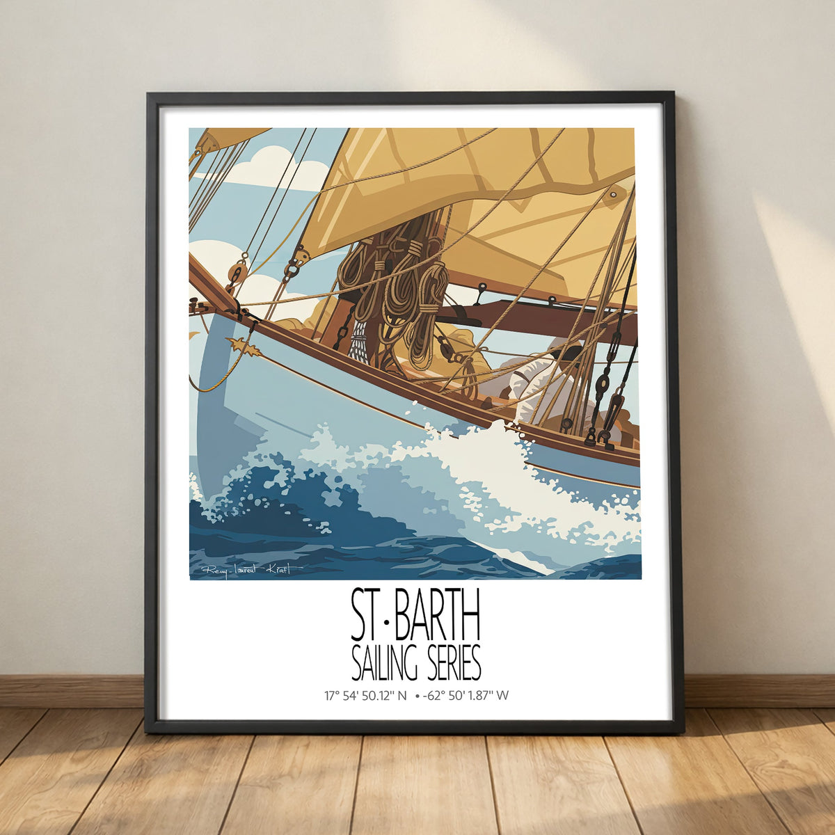 The Golden Sail framed sailing wall art mockup on a deck