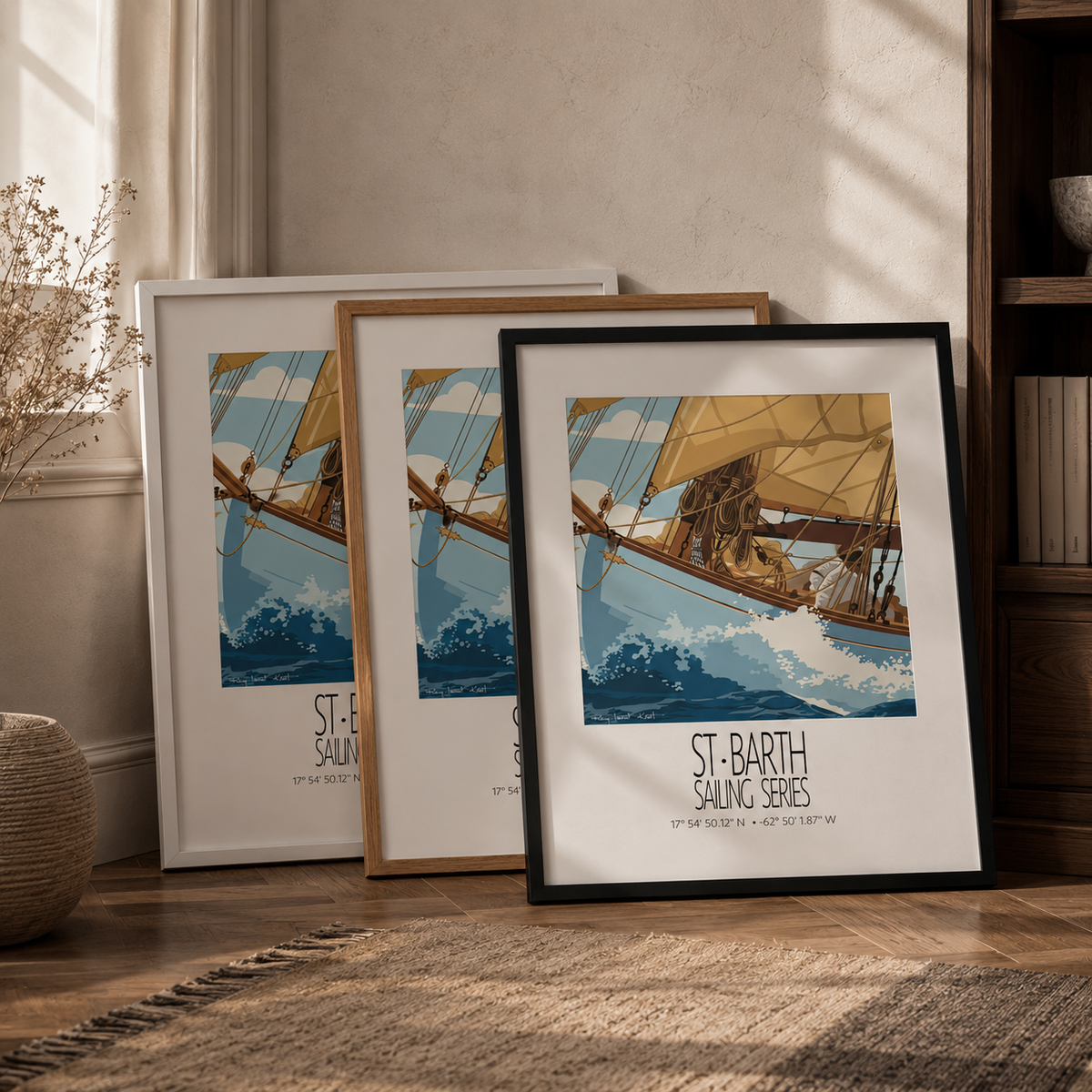 The Golden Sail frame color options Black Red Oak and White