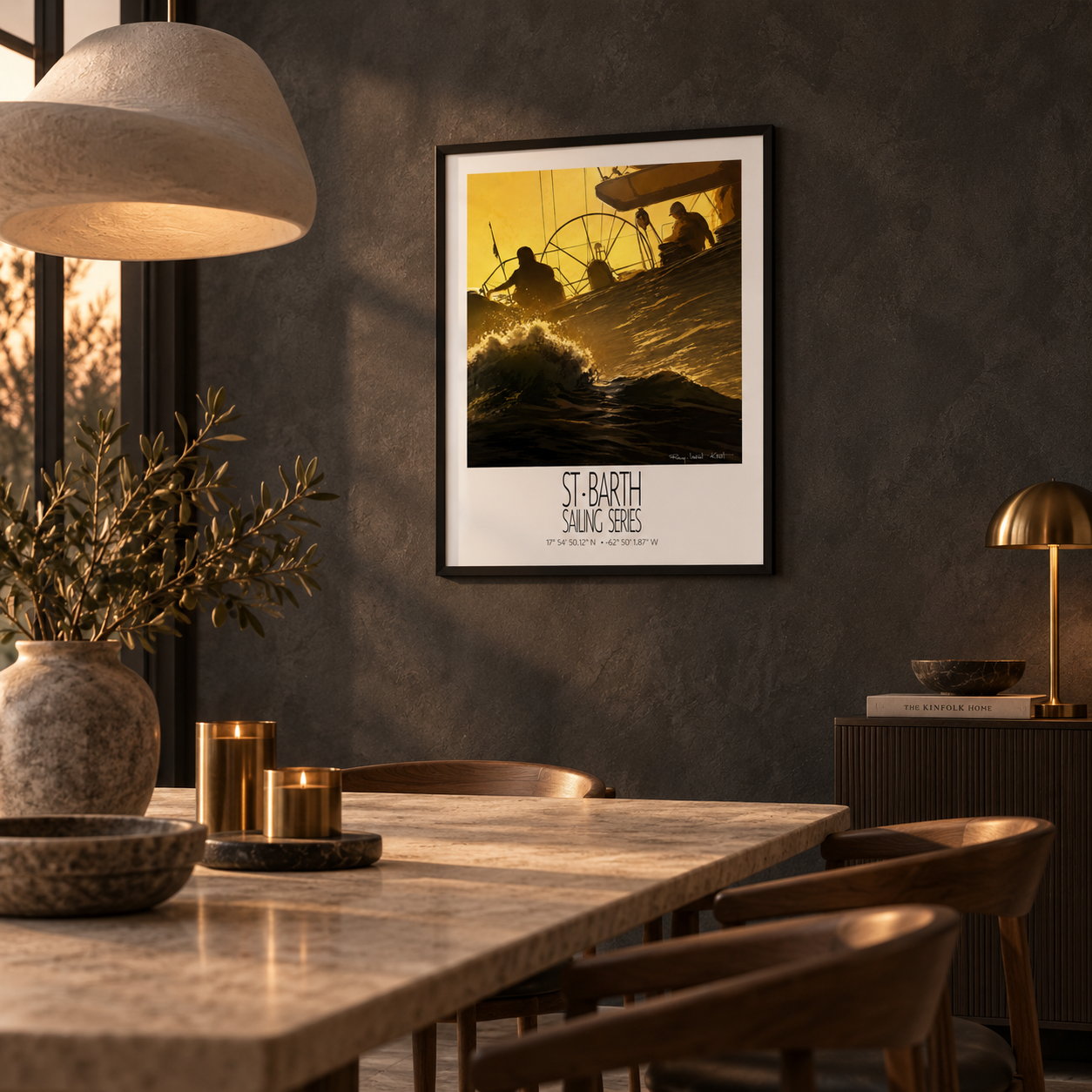 Golden Wake – interior ambience 1 – framed St Barth sailing wall art