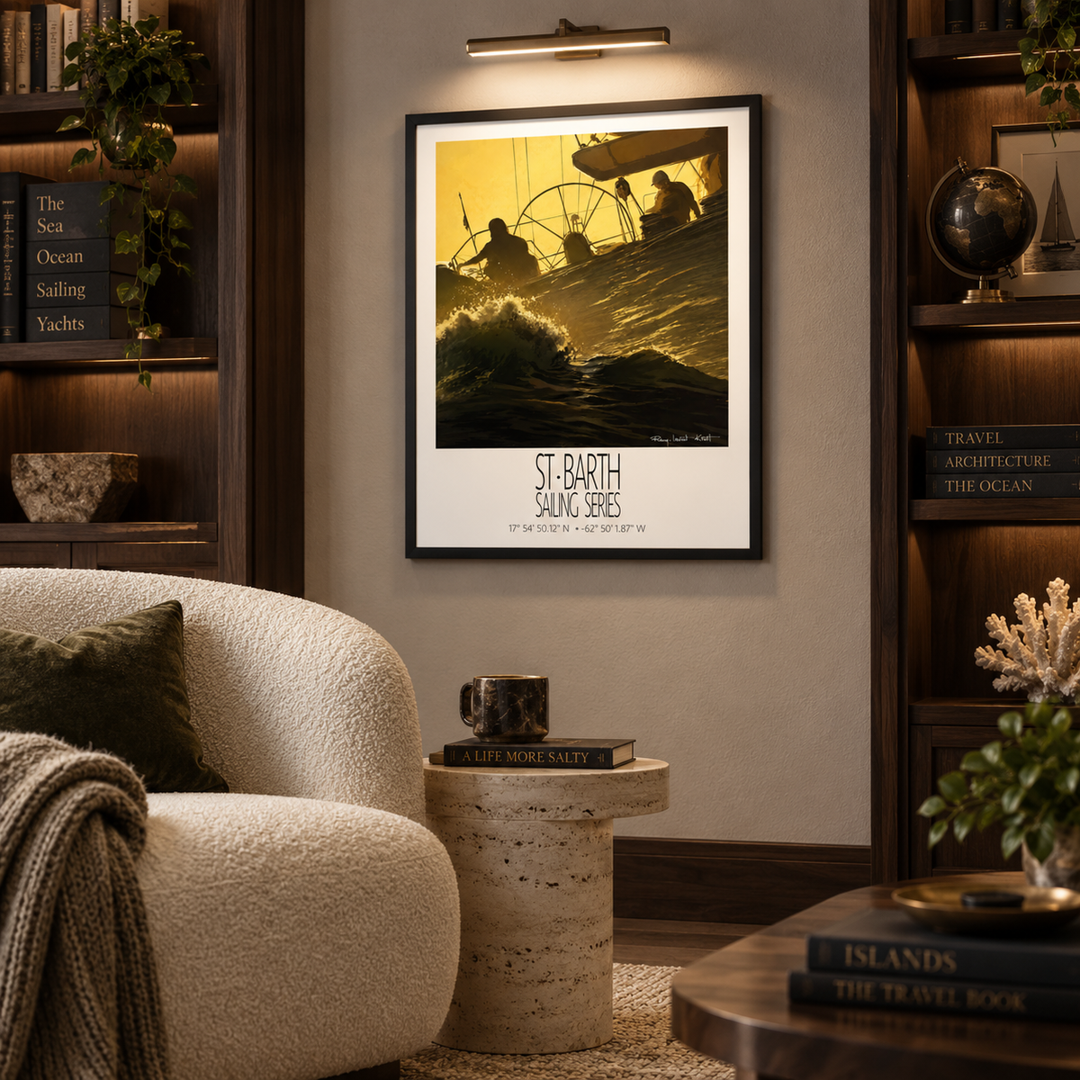 Golden Wake – interior ambience 2 – unframed St Barth sailing wall art