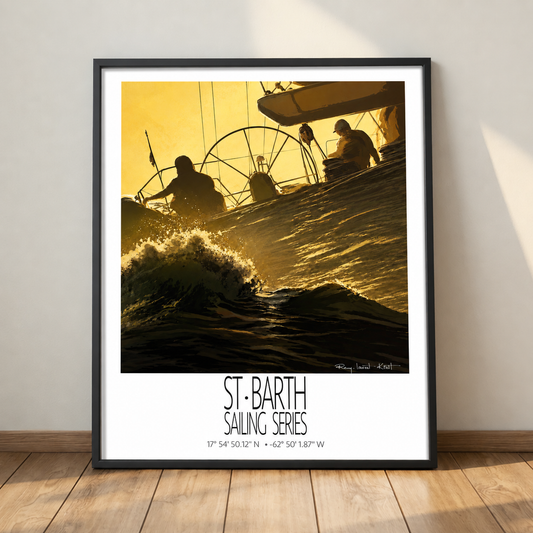 Golden Wake – black framed deck presentation – framed St Barth sailing wall art