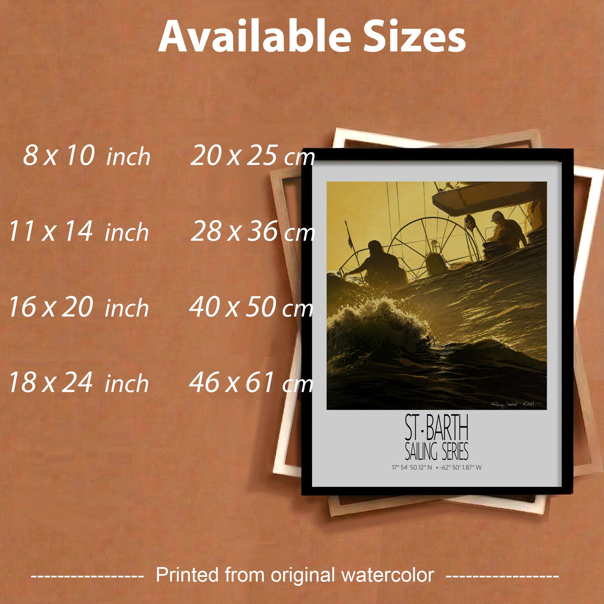 Golden Wake – framed sizes information – framed St Barth sailing wall art