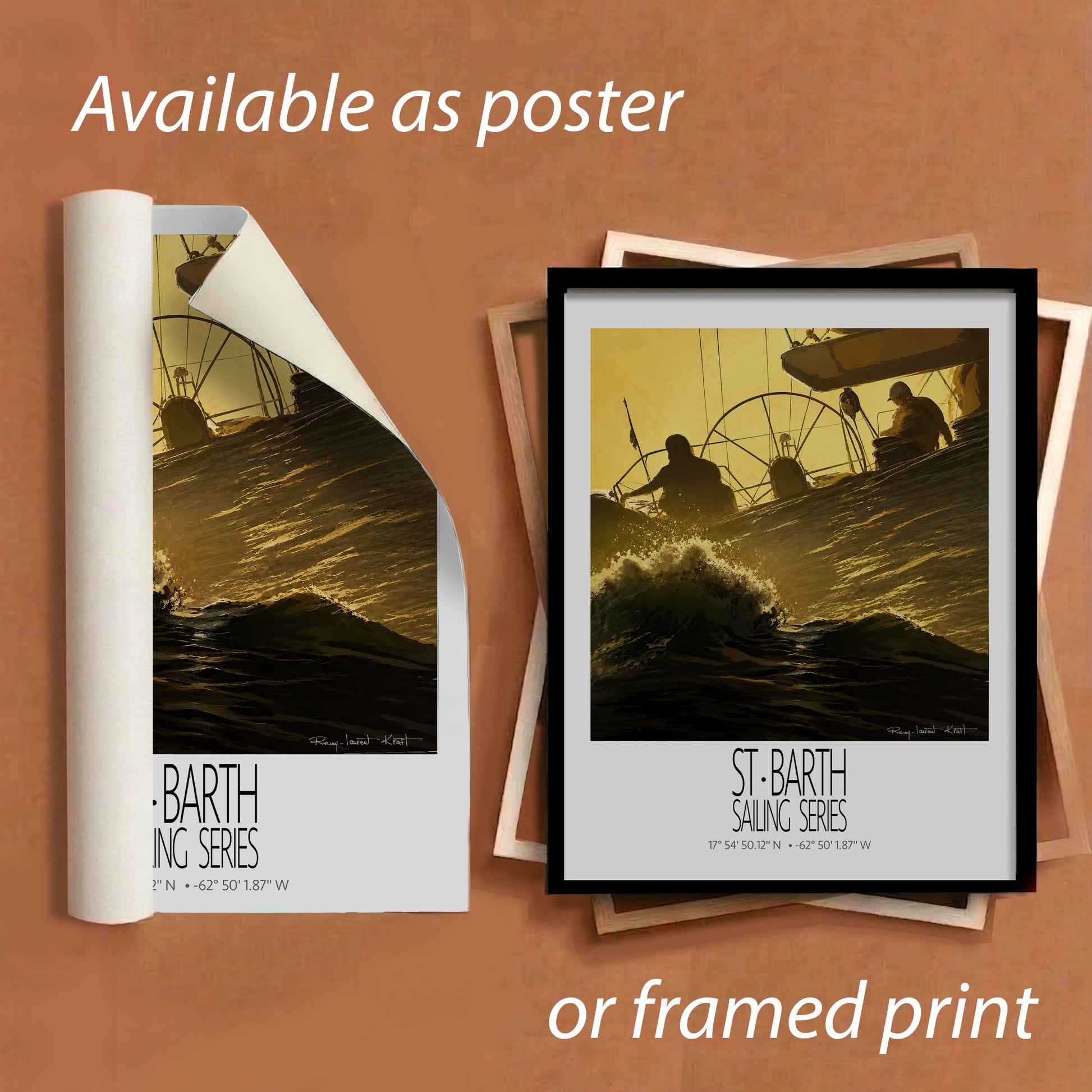 Golden Wake – framed and unframed versions information – framed St Barth sailing wall art