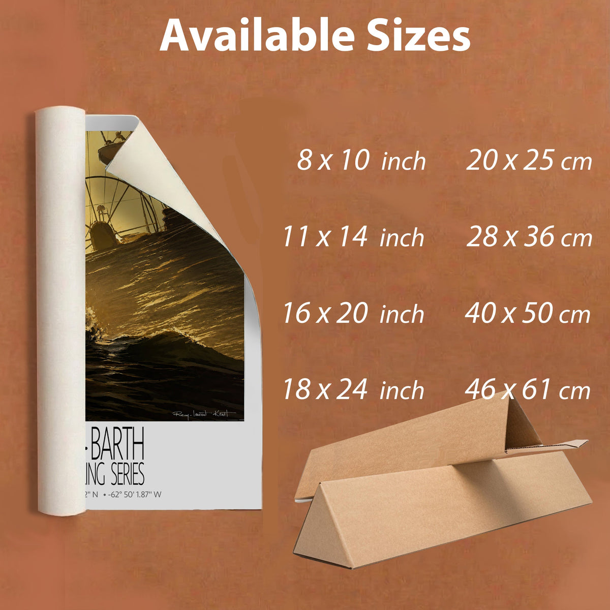Golden Wake – unframed sizes information – unframed St Barth sailing wall art