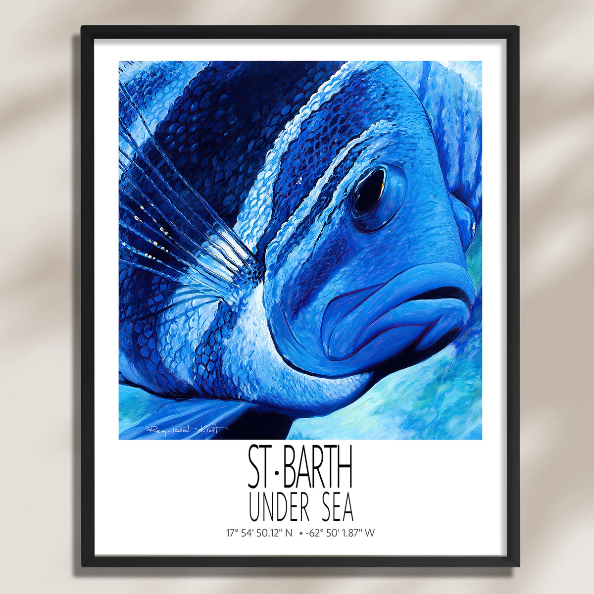 Grand Bleu framed St Barth vintage travel poster