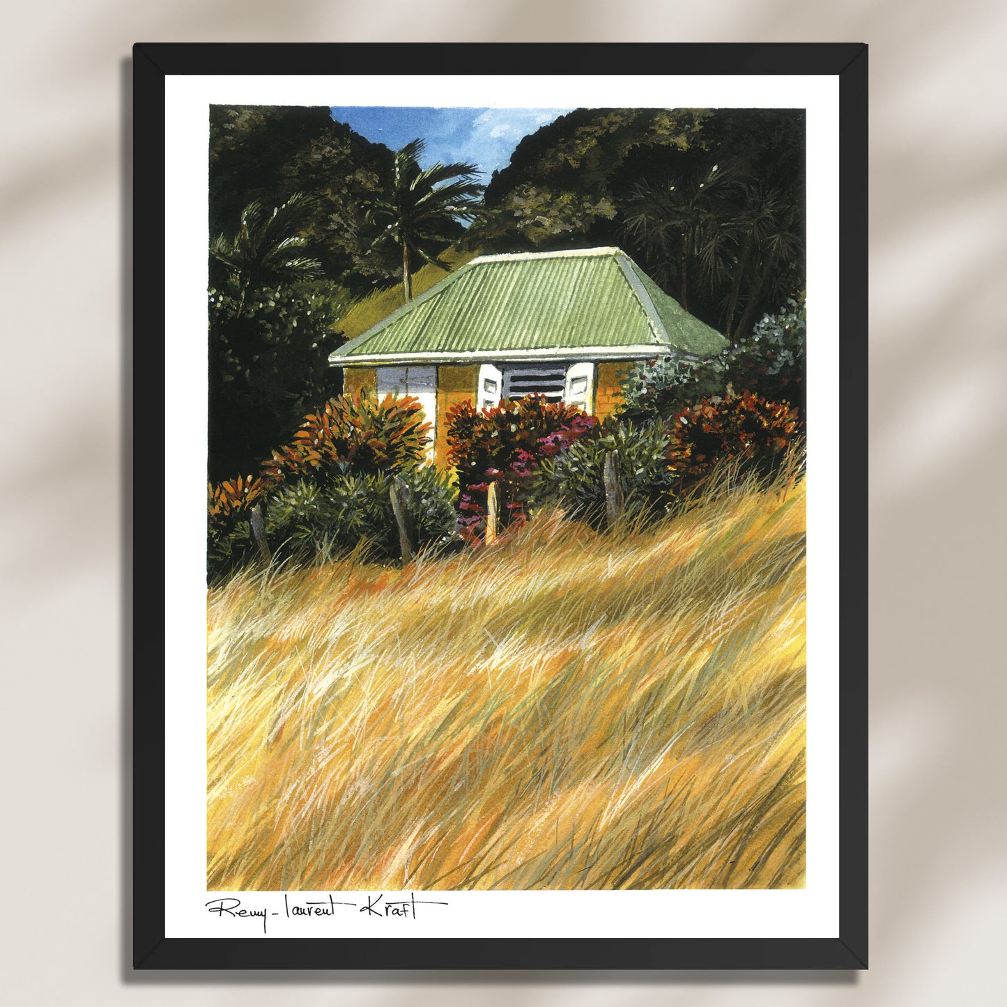 St Barth Watercolor Print – Case Herbes Jaunes – Framed Caribbean Wall Art