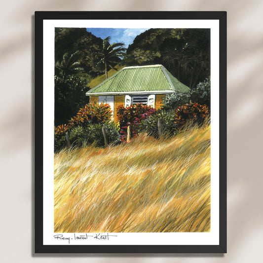 St Barth Watercolor Print – Case Herbes Jaunes – Framed Caribbean Wall Art