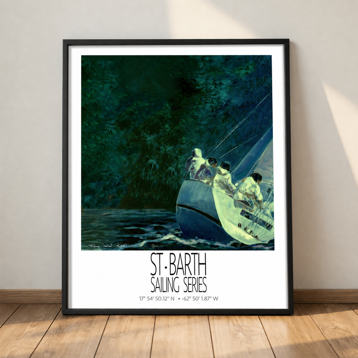 Night Regatta – black framed deck presentation – framed St Barth sailing wall art