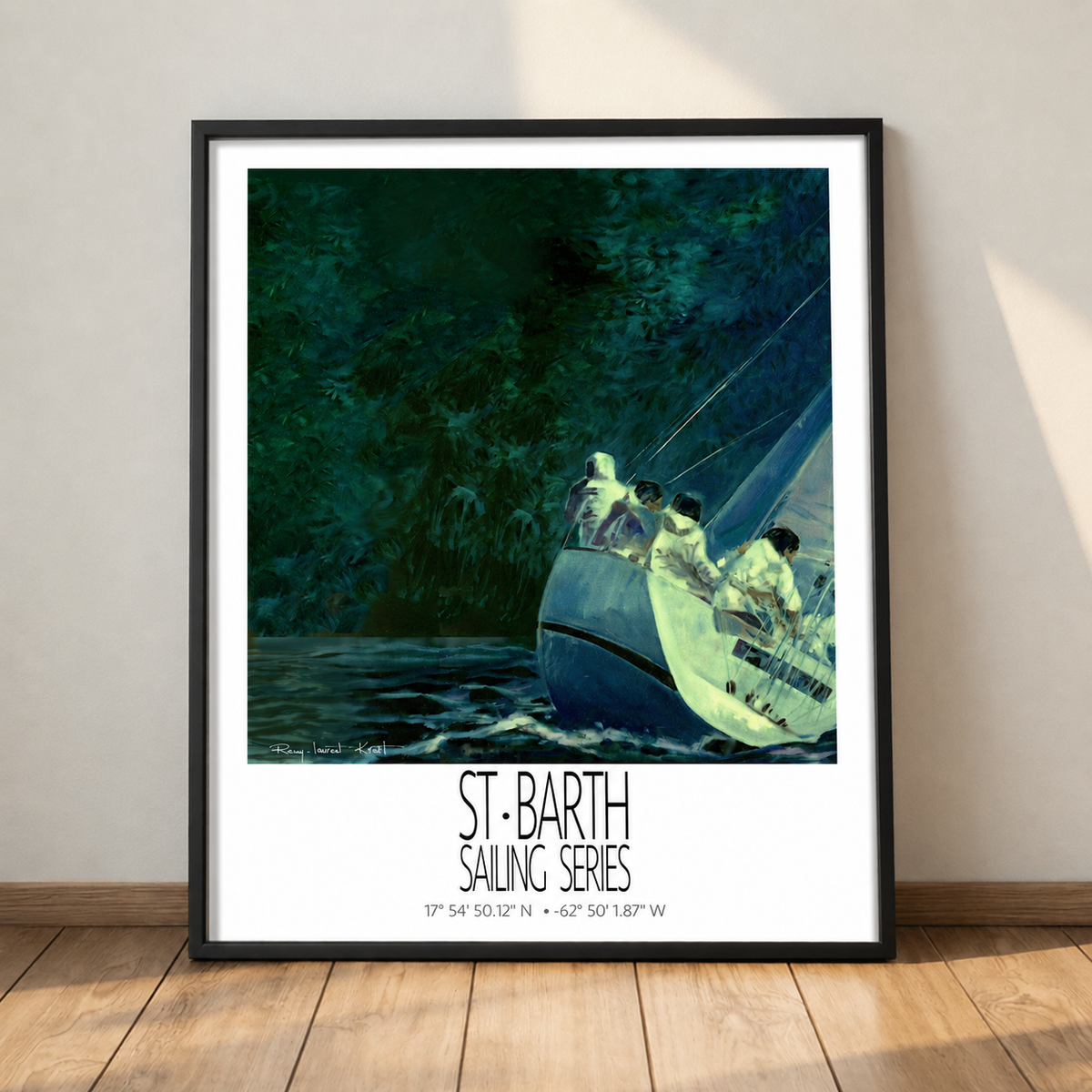 Night Regatta – black framed deck presentation – framed St Barth sailing wall art