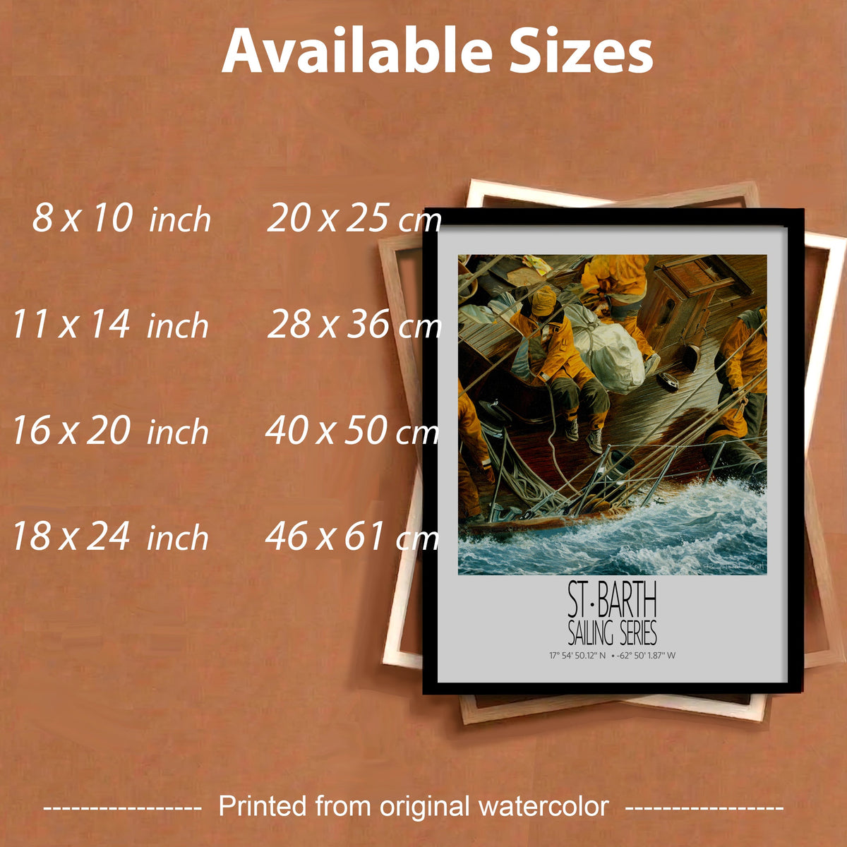 On Deck – framed sizes information – framed St Barth sailing wall art