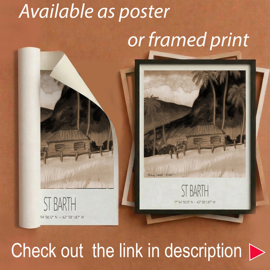 Vintage Travel Poster – St Barth – Tropical Cottage – Framed Caribbean Art Print