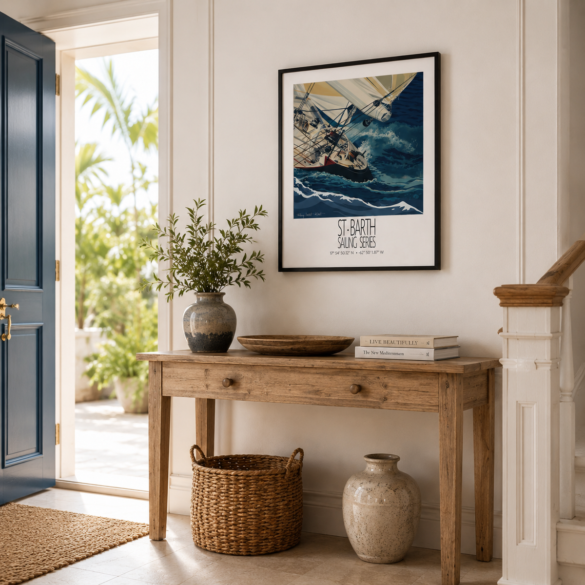 Red Hull St Barth sailing wall art interior mockup 1