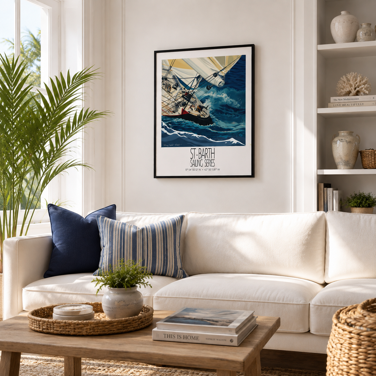 Red Hull St Barth sailing wall art interior mockup 4