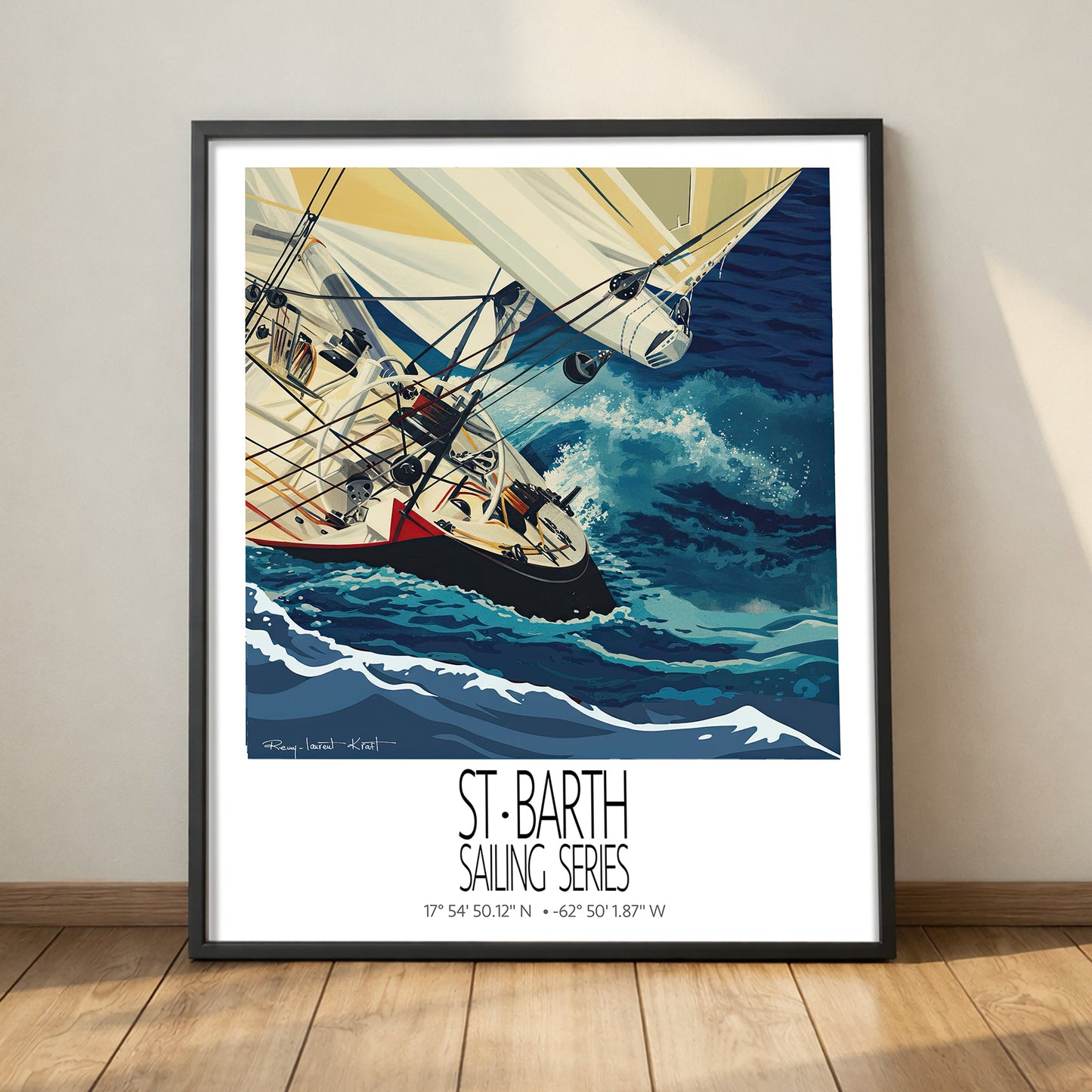 Red Hull framed sailing wall art mockup on a deck
