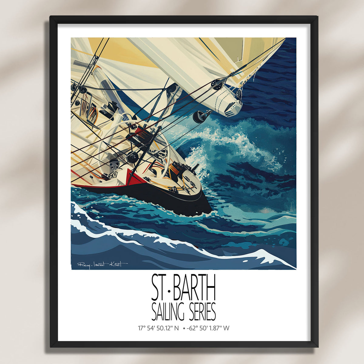 Red Hull framed St Barth vintage travel poster