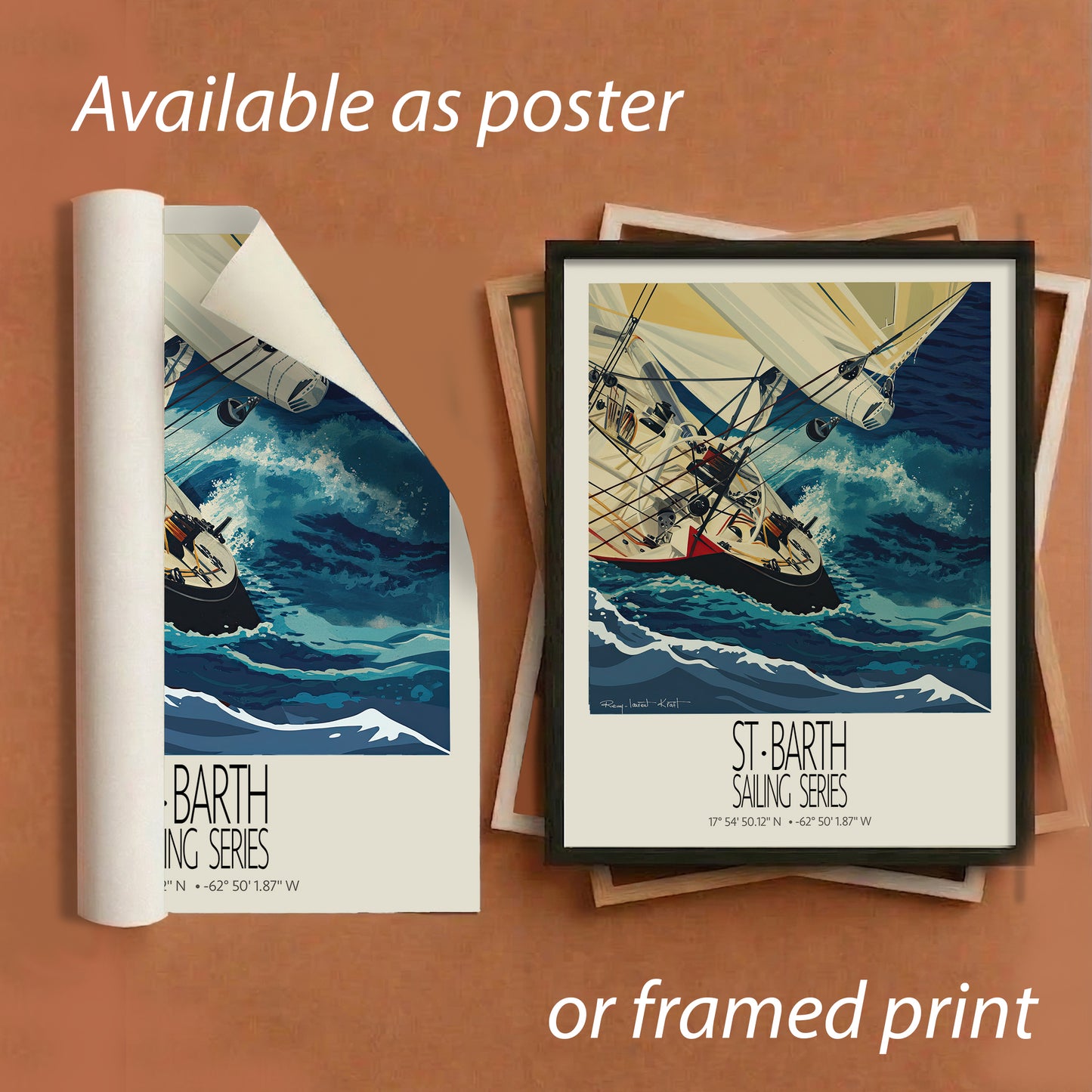 St Barth Vintage Travel Poster – Red Hull – Sailing Wall Art