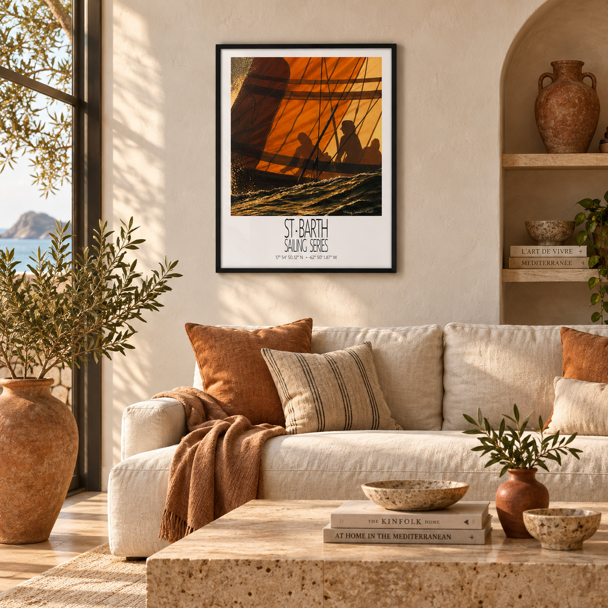 Sunset – interior ambience 1 – framed St Barth sailing wall art
