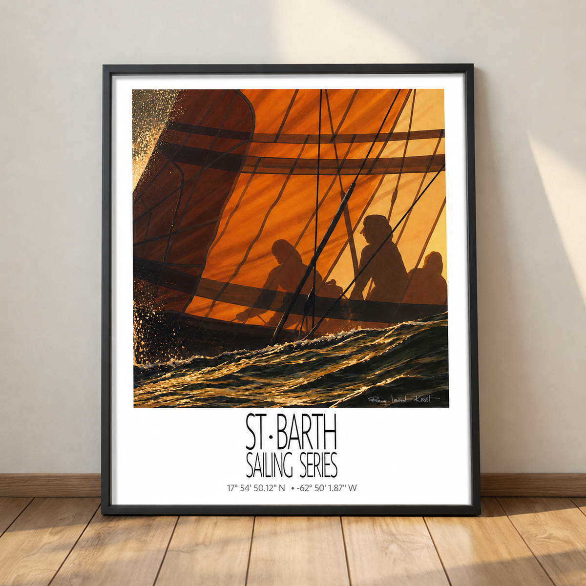 Sunset – black framed deck presentation – framed St Barth sailing wall art