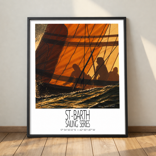 Sunset – black framed deck presentation – framed St Barth sailing wall art