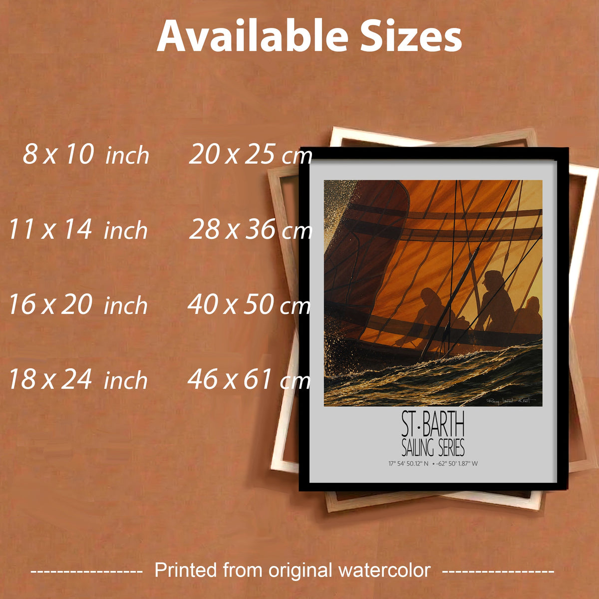 Sunset – framed sizes information – framed St Barth sailing wall art