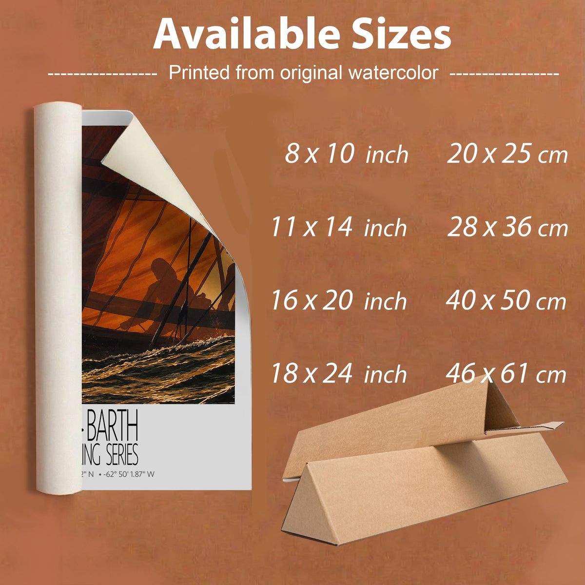 Sunset – unframed sizes information – unframed St Barth sailing wall art