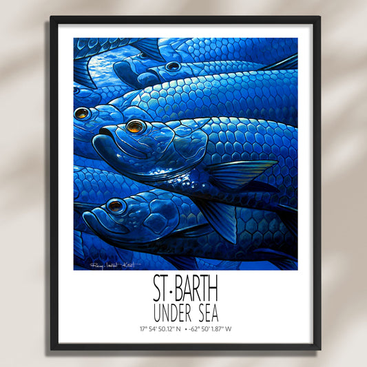 Tarpons framed St Barth vintage travel poster