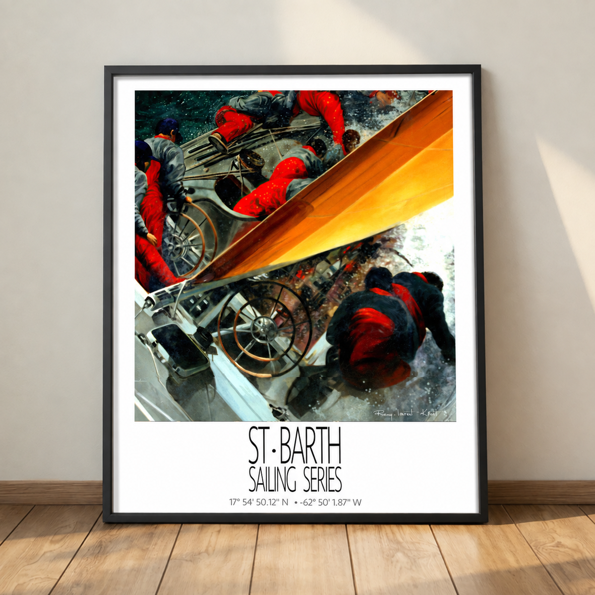 The Yellow Sail – black framed deck presentation – framed St Barth sailing wall art