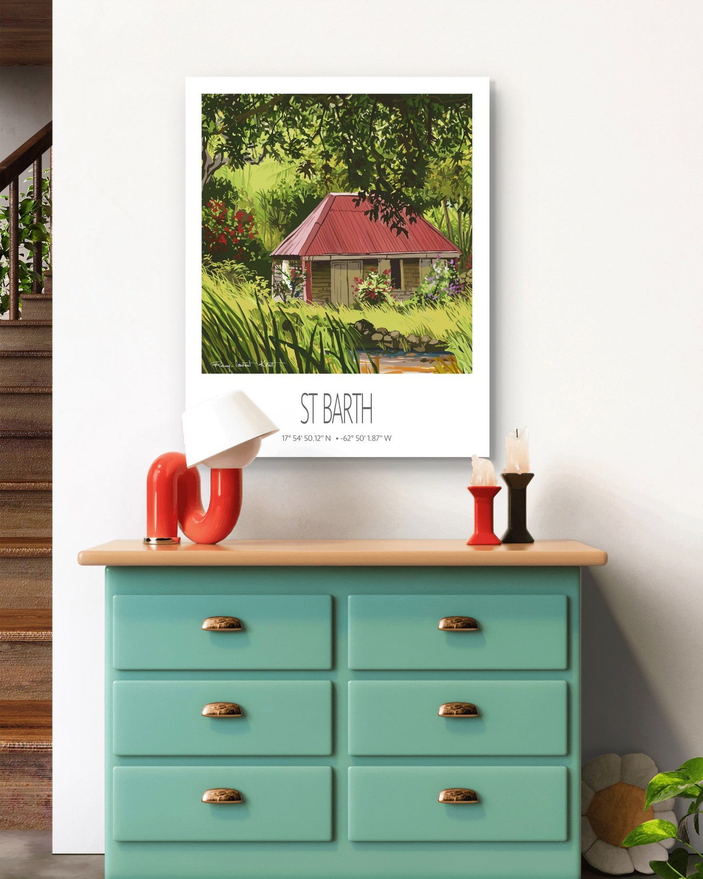Vintage Travel Poster – St Barth – Old Cottage – Framed Caribbean Art Print