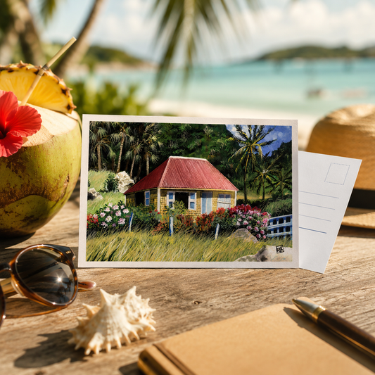 Postal Card - Yellow Cottage – St-Barth - original watercolor print - Caribbean Art Print