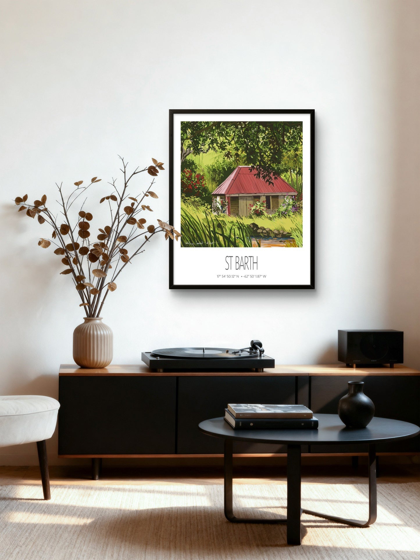 Vintage Travel Poster – St Barth – Old Cottage – Framed Caribbean Art Print