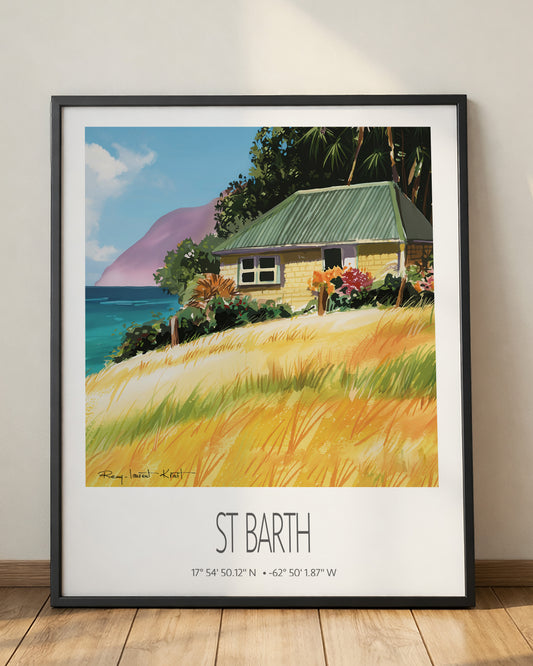 Vintage Travel Poster – St Barth – Falaise Beach – Framed Caribbean Art Print