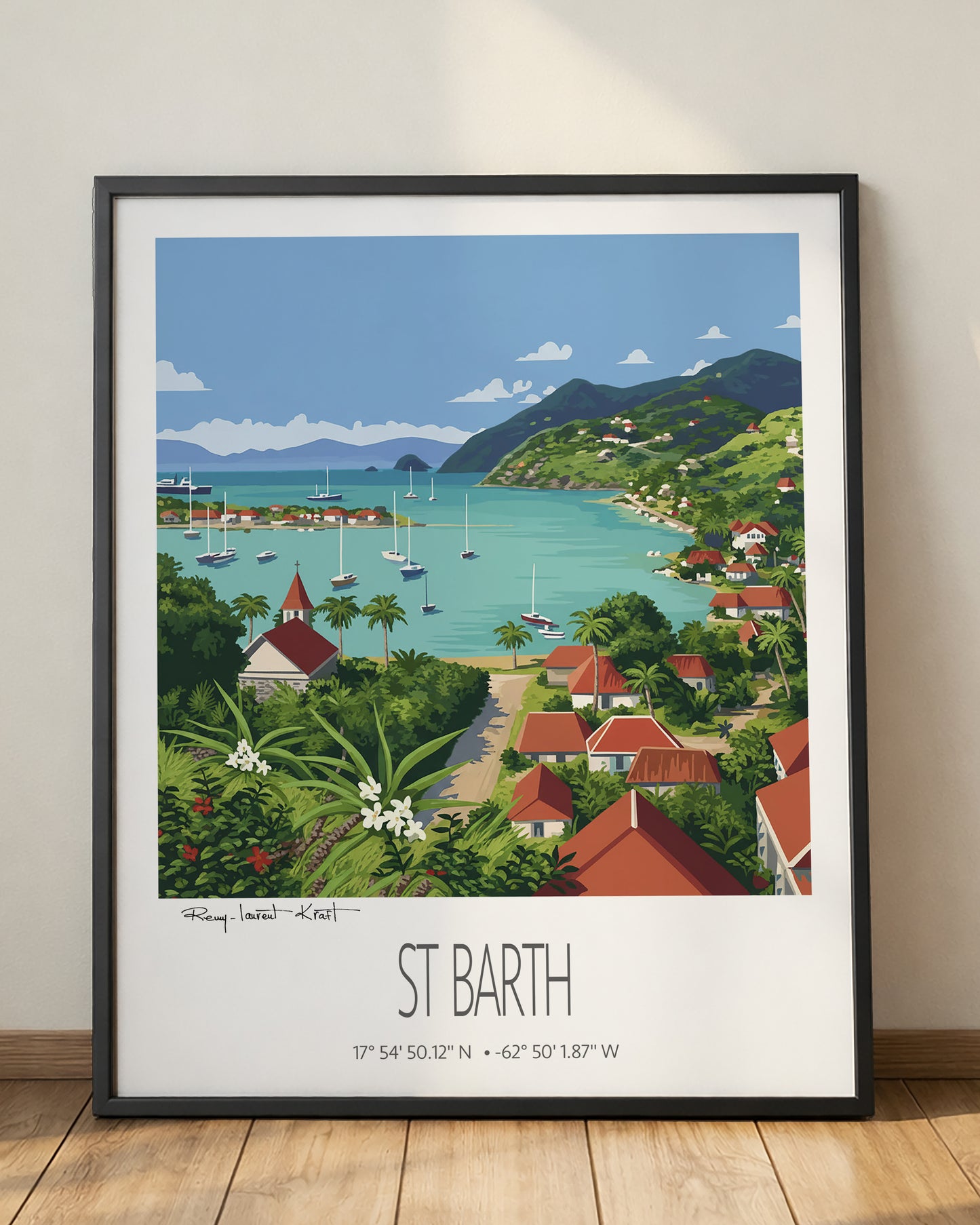 Vintage Travel Poster – St Barth – Gustavia Bay – Framed Caribbean Art Print